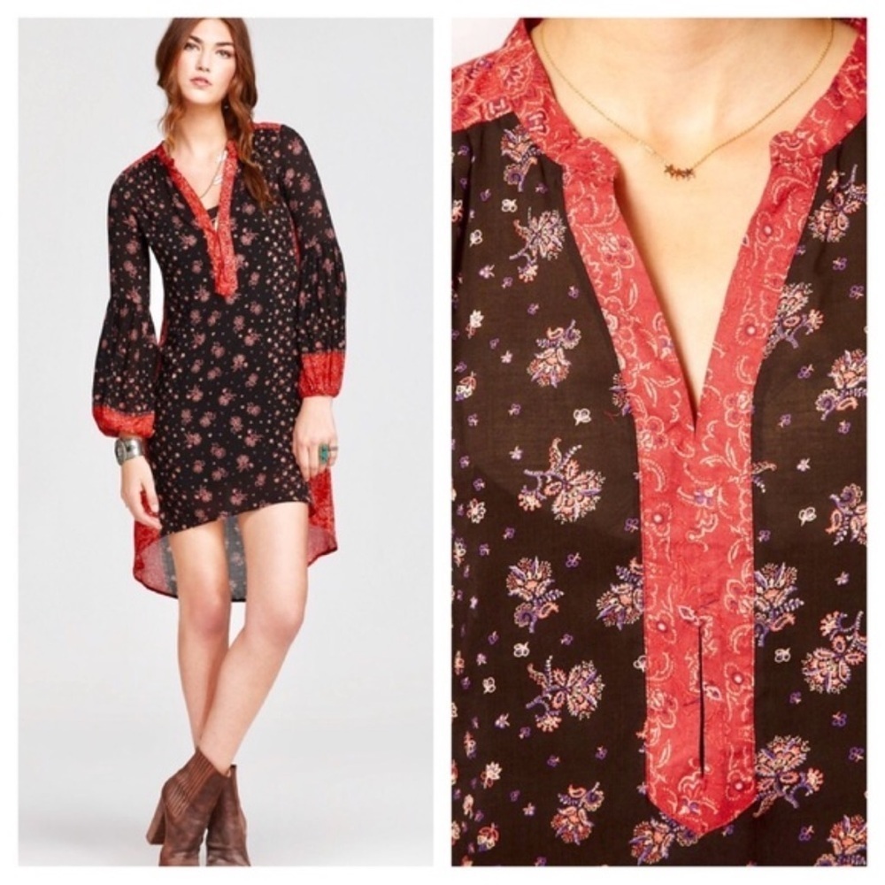 Free People Peacemaker Dress Black Red Paisley Sz XS